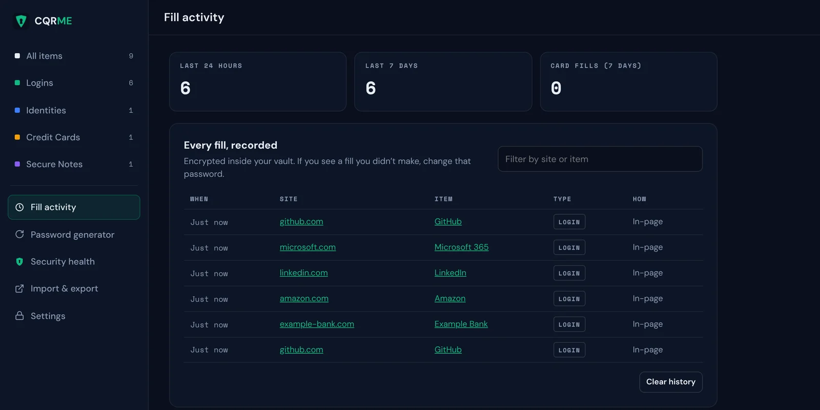 CQRME fill activity history listing recent fills on GitHub, Amazon, LinkedIn and others