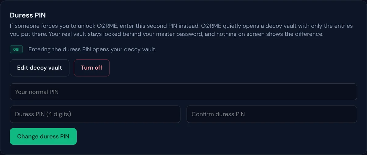 CQRME settings panel for turning on a duress PIN and editing the decoy vault