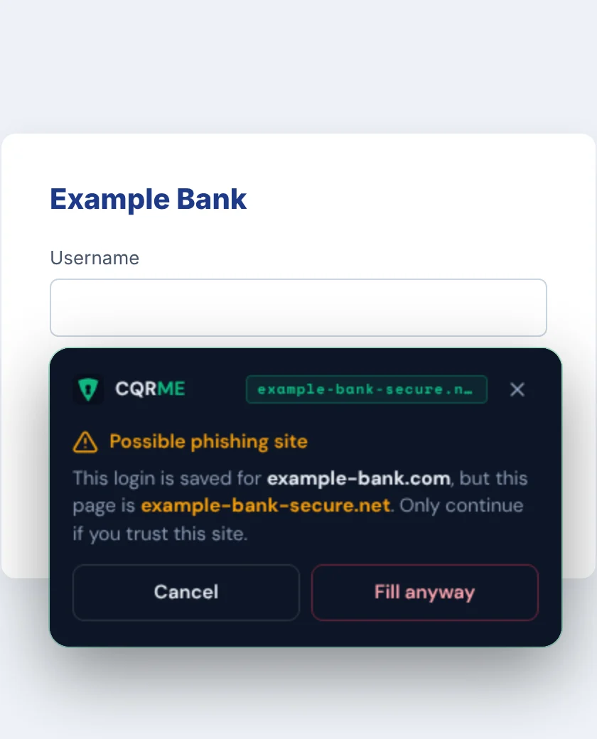 CQRME warning that a login saved for example-bank.com is being used on example-bank-secure.net