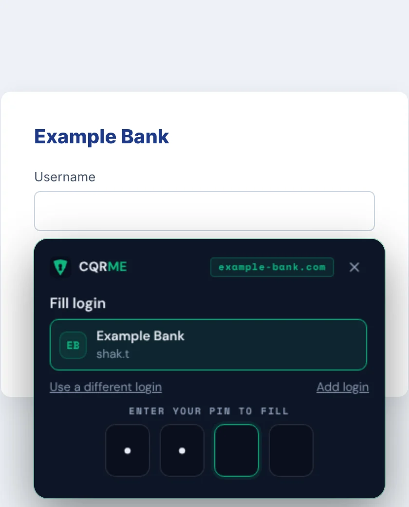 CQRME asking for a PIN before filling a login on example-bank.com