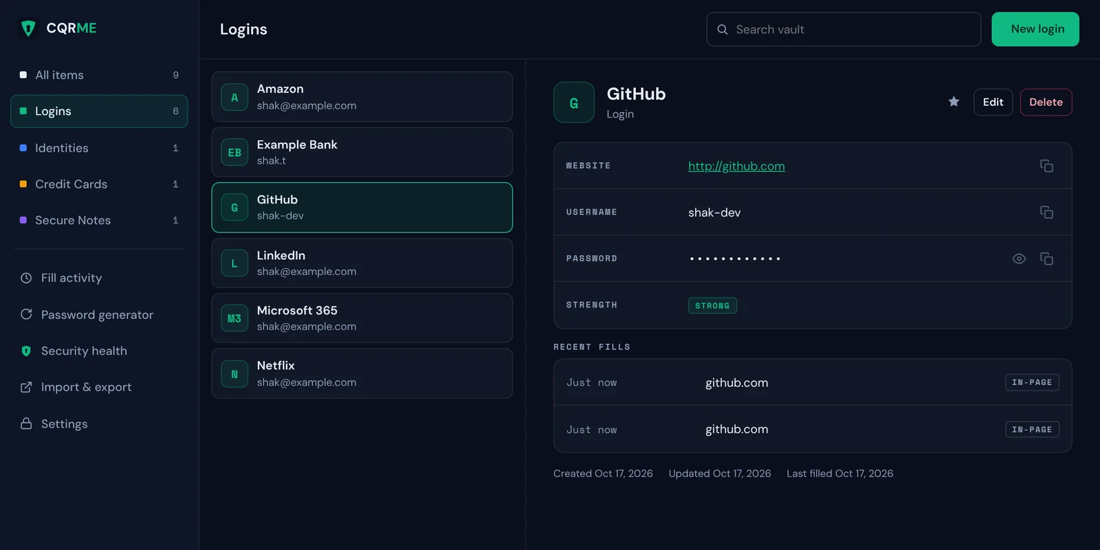 The CQRME vault manager showing saved logins